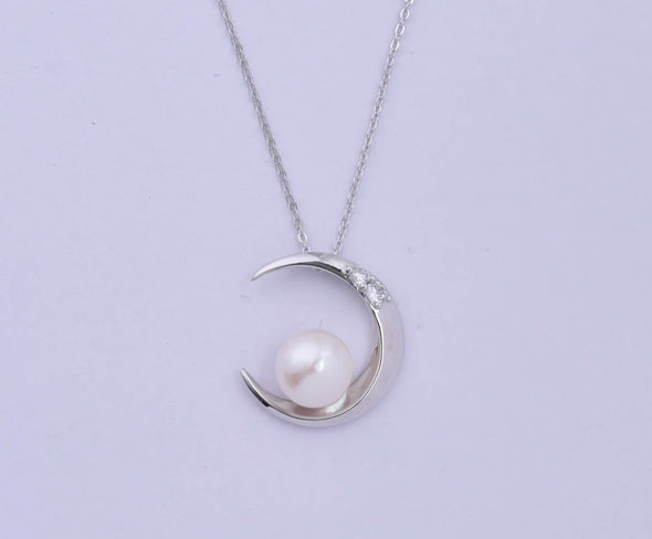STERLING SILVER RHODIUM PEARL CZ CRESCENT MOON NECKLACE