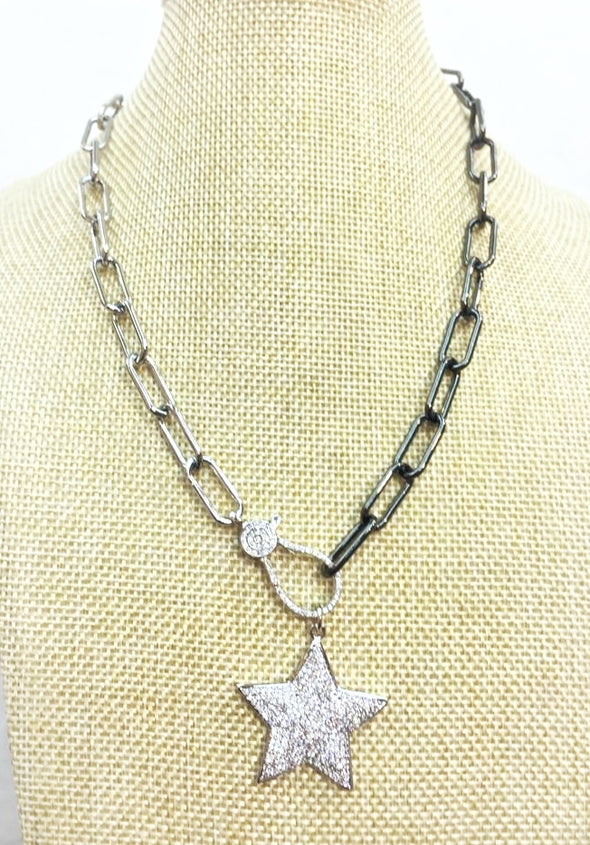 Pave Star Two Tone Charm Necklace