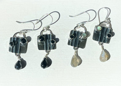 STERLING SILVER ARTISAN SQUARE STONE DROP GEM EARRINGS