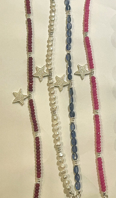 Sterling Silver Beaded Star Anklets 9-11 inches