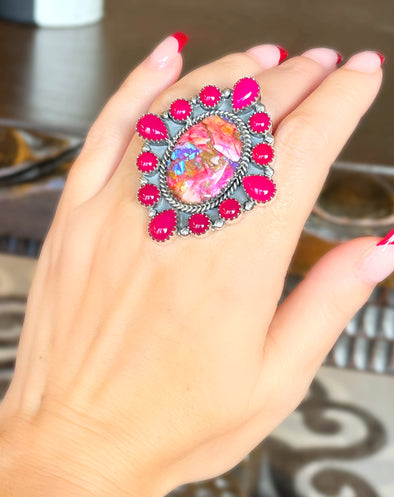 Sterling Silver Pink Mohave Turquoise/Pink Onyx Oval Cluster Ring
