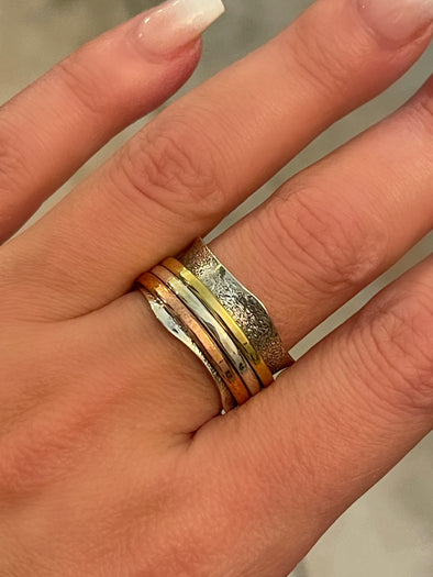 Sterling Silver Three Textured Tone Spinner Ring