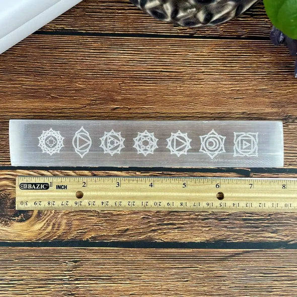 Selenite Charging Plate Engraved with 7 Chakra Symbols - 8" Stick