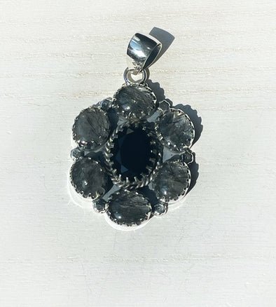 Sterling Silver Faceted Onyx Black Rutile Pendant