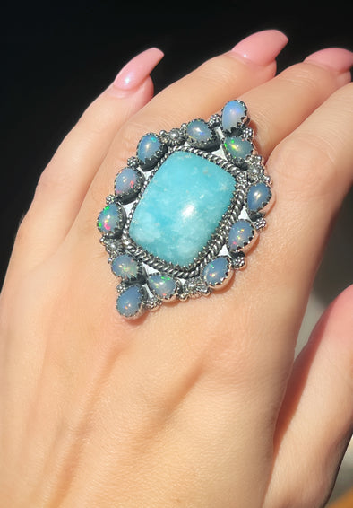 Sterling Silver Blue Argonite/Opal Cluster Ring