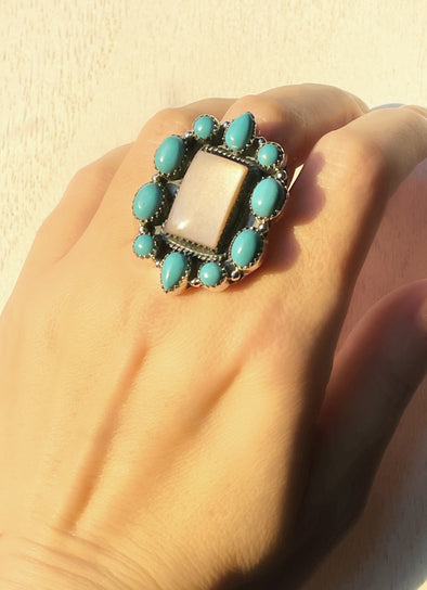 Sterling Silver Chocolate Moonstone Turquoise Mini Cluster Ring
