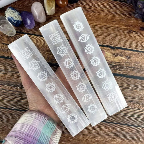 Selenite Charging Plate Engraved with 7 Chakra Symbols - 8" Stick