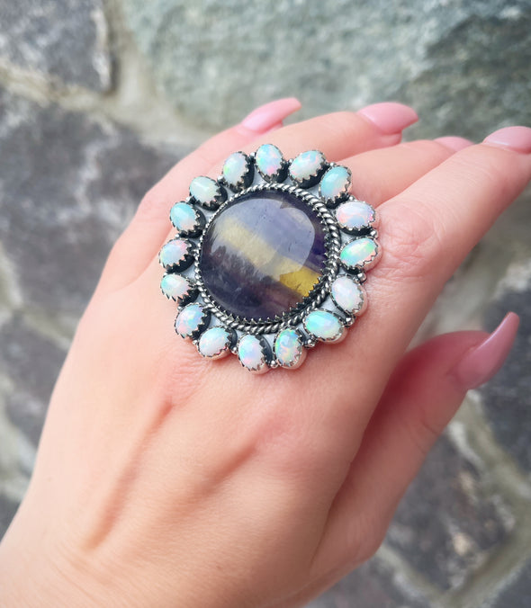 Sterling Silver Fluorite/Ethiopian Opal Cluster Rings