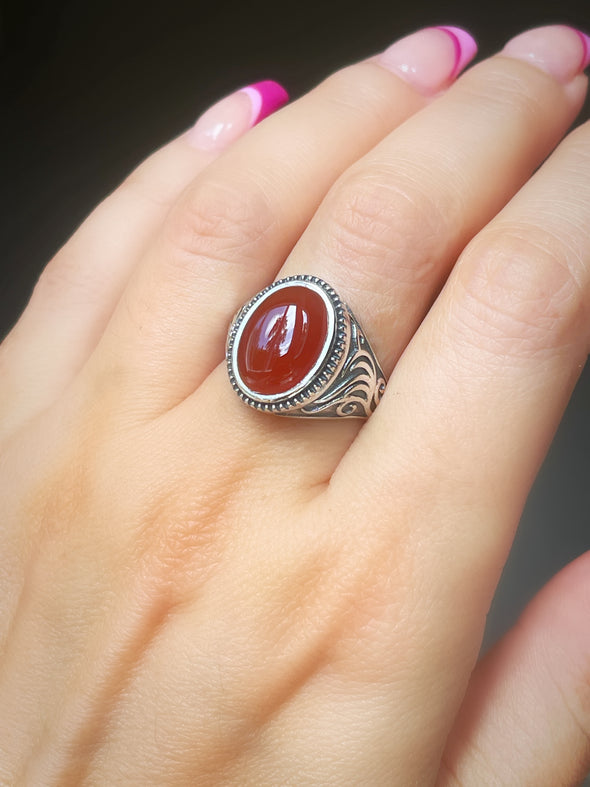 Sterling Silver Carnelian Artisan Etched Ring