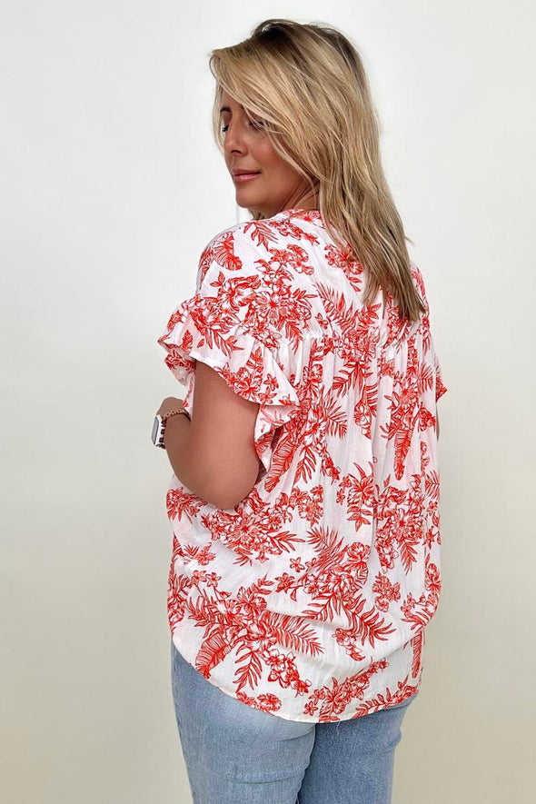 Cozy Co Floral Print Button Down Ruffle Sleeve Top