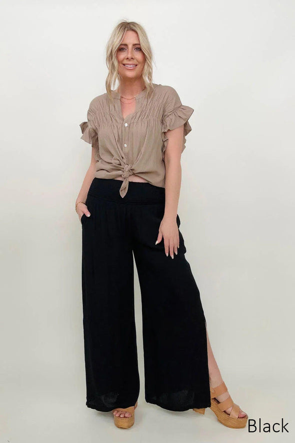 Cozy Co Crinkle Gauze Smocked Waist Wide Leg Side Slit Palazzo Pants